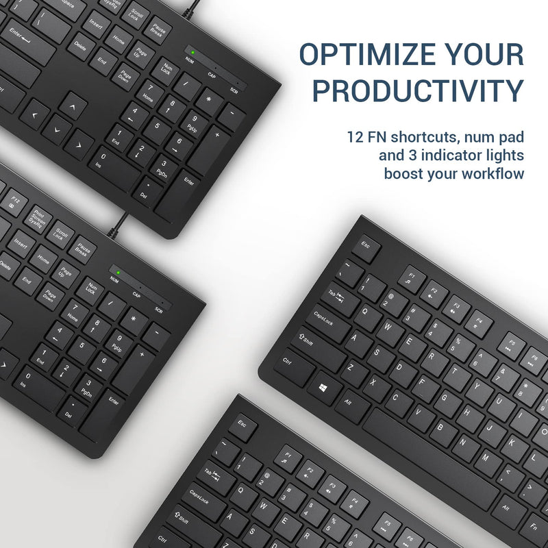 Computer Keyboard Wired, Plug Play USB Keyboard, Low Profile Chiclet Keys, Large Number Pad, Caps Indicators, Foldable Stands, Spill-Resistant, Anti-Wear Letters for Windows Mac PC Laptop, Full Size