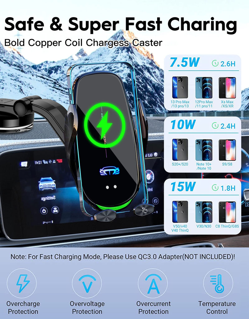 Wireless Car Charger Mount, Fast Charging Auto Clamping 15W Intelligent Dual Control Induction Car Phone Holder Mount Wireless Charging Compatible with All iPhone Android Smartphone