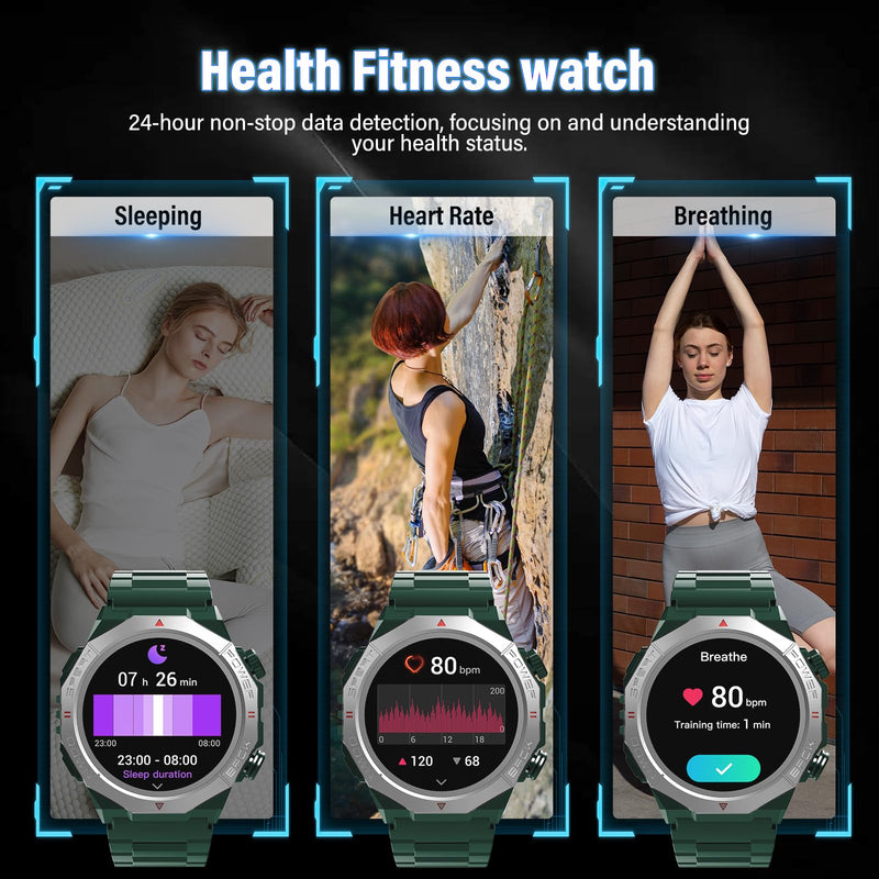Qecnato Military Smart Watches for Men (Answer/Make Calls), 1.39" HD Watches, Heart Rate/Sleep Monitor, 110+ Sports Modes Watch for Men, Waterproof Watch, 30Day, Watches for Android/iPhone, Green