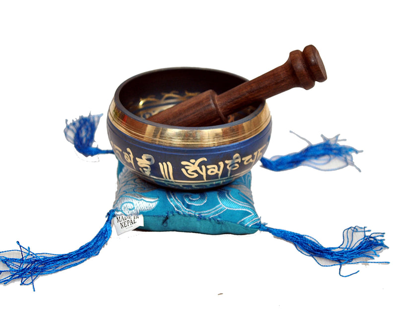 Tibetan Singing Bowl Set By Dharma Store - With Traditional Design Tibetan Buddhist Prayer Flag - Handmade in Nepal (Blue) Blue