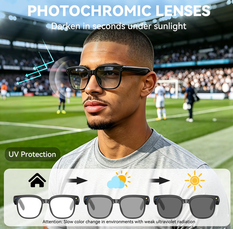 AI Smart Glasses with Camera, 8MP HD Camera Glasses for Men, AI Recording Glasses with Voice Assistant,Open-Ear Audio,Real-Time Translation,Video Recording Sunglasses for Life & Work (Photochromic) Black (Photochromism lenses)