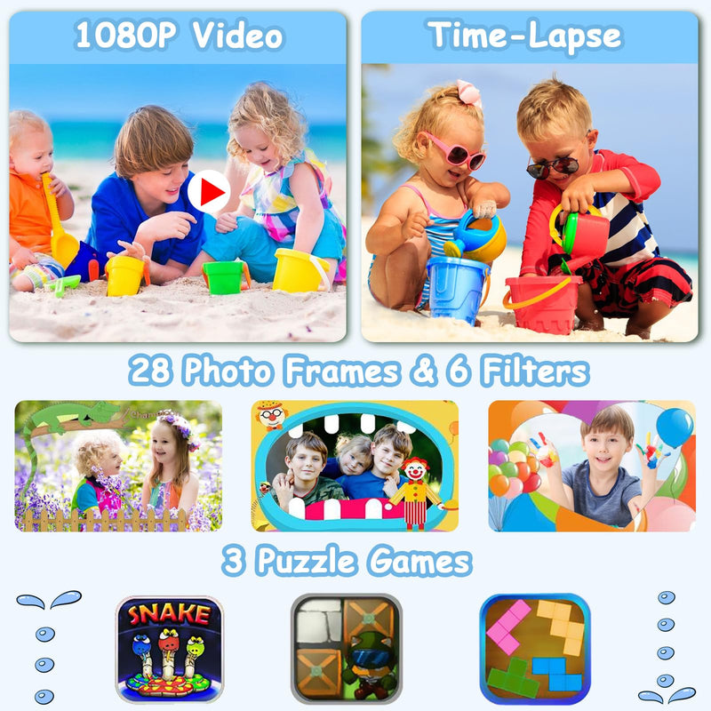 Agoigo Kids Waterproof Camera Toys for 3-9 Year Old Boys Girls Christmas Birthday Gifts HD Children's Digital Action Camera 2 Inch Screen with 32GB Card (Dark Blue) Dark Blue