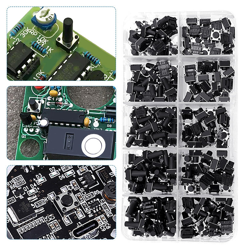 VooGenzek 200 Pieces 10 Values Micro Momentary Tactile Push Button Switch, 6 x 6 mm Tactile Push Button Switch, Button Micro Tactile Switch Kit, Black 6x6mm - Black - 200pcs