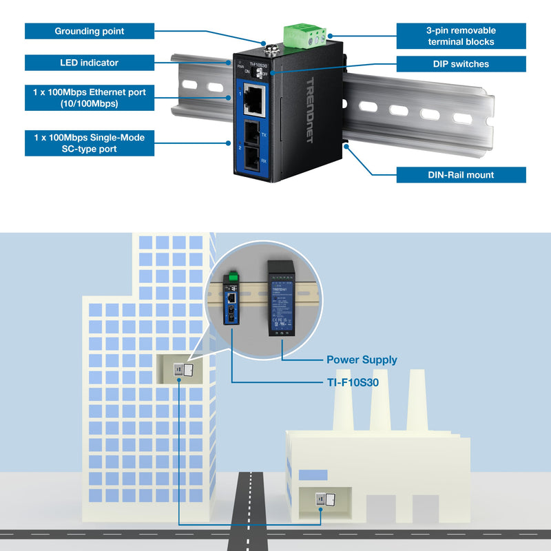 TRENDnet Industrial 100Base-FX Single-Mode SC Fiber Converter, TI-F10S30, | Hardened IP50 Rated 100Base-T Ethernet to 100Base-FX Converter, NDAA & TAA Compliant 30 KM