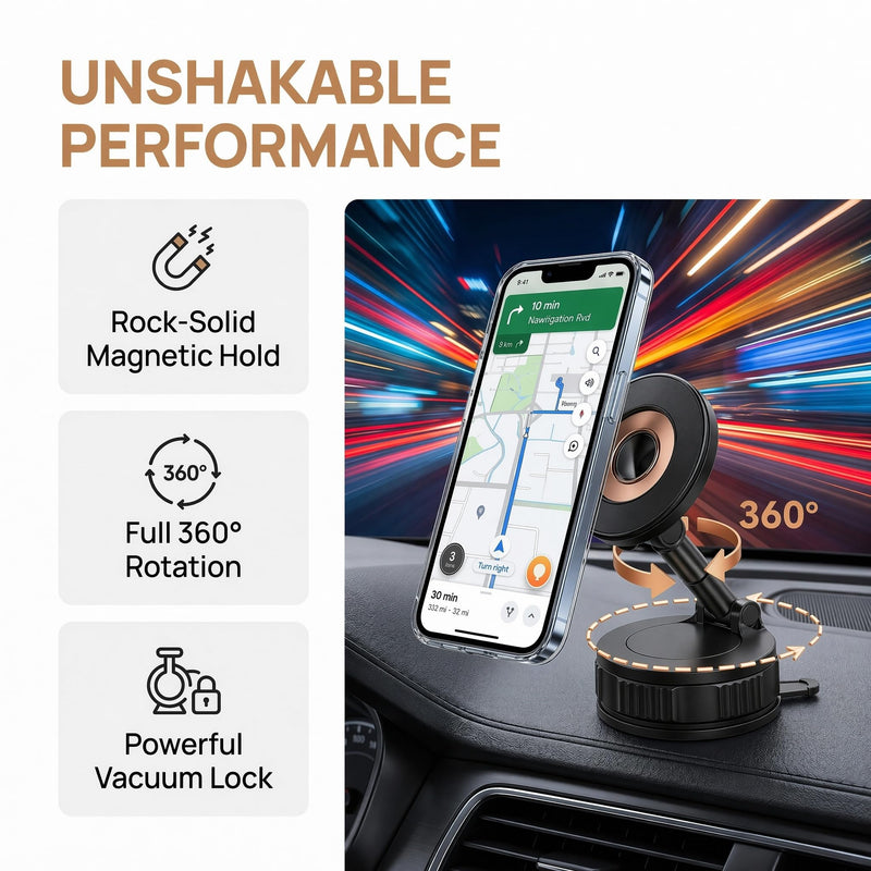 Vacuum Lock Magnetic Car Phone Holder, 5lbf Strong Suction, 360° Adjustable Triple-Axis Phone Stand, Reusable Washable PU Gel Base for iPhone 12-16 Series, Android Smartphones, Black