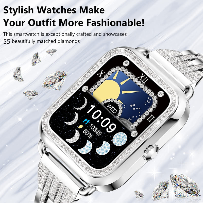 Efolen Smart Watches for Women with Diamonds (Answer/Make Call), 1.57'' Bluetooth Smartwatch for Android iOS Phones, Waterproof Fitness Tracker with Heart Rate/SpO2/Sleep/BP/AI Voice (Silver) Silver