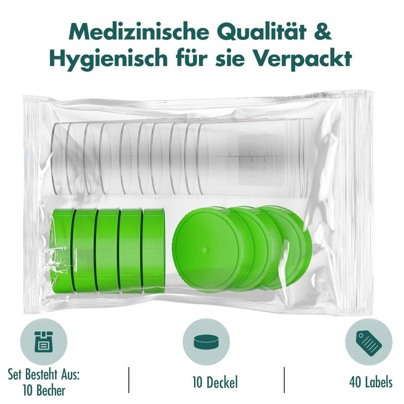 Theracaso Sample Cup Set - 10 Pieces of 125 ml - Includes 40 Labels - Leak-proof Urine Cups with Screw Lid Graduated up to 100 ml - For Kitchen, Crafts, Medicine, Urine Samples - Can Be Written On