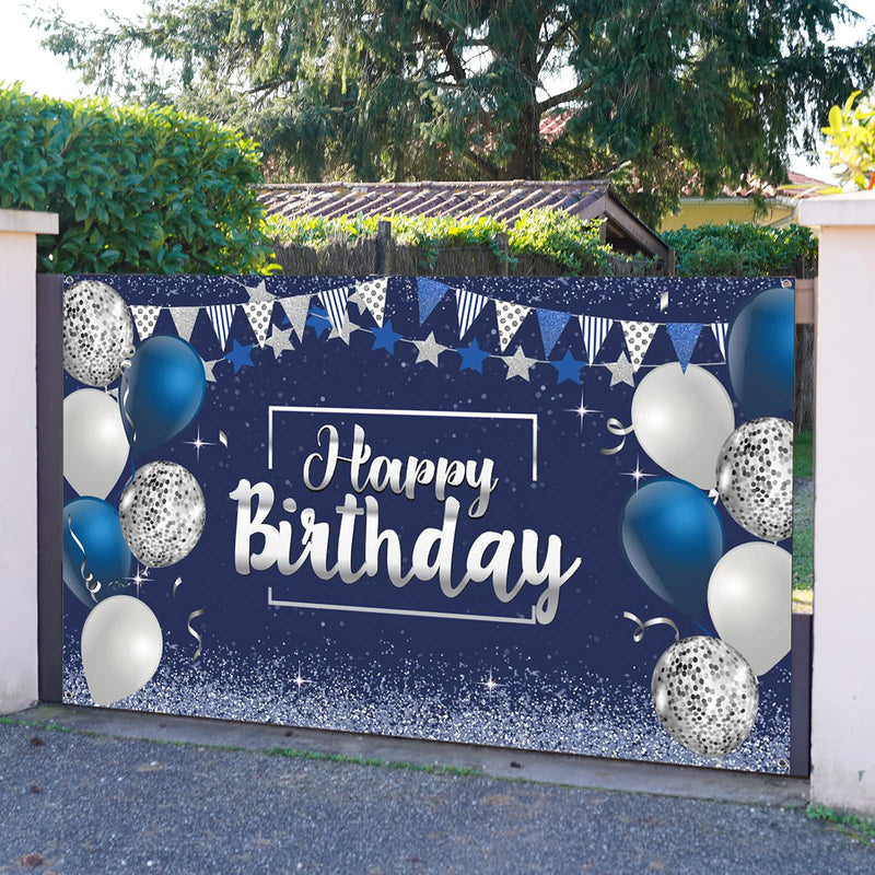 Happy Birthday Decorations Backdrop, Glitter Birthday Backdrop Sign, Happy Birthday Banner, Birthday Party Supplies Photo Background for Children Men Women, 72.8 x 43.3 Inch (Silver and Navy Blue) Silver and Navy Blue