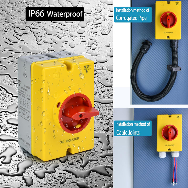 [AUSTRALIA] - 32 Amp AC Disconnect Switch Box Outdoor, 110V 220V 690V AC Isolator Switch, 4 Pole, IP66 Waterproof Isolation PV 3 Phase Disconnect Switch On Off 2 Position 32 Amp 