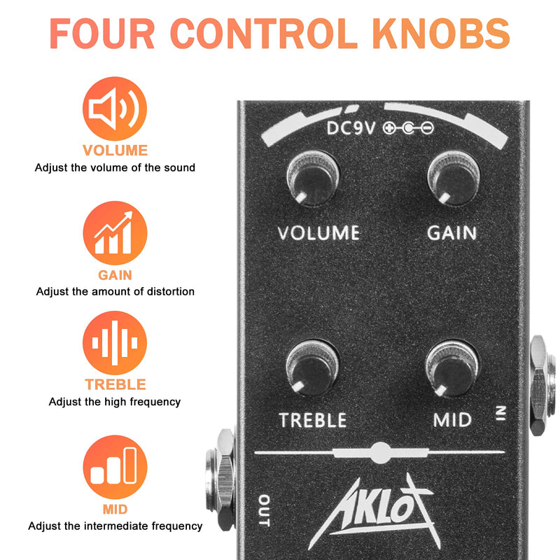 High Gain Distortion Guitar Pedal, AKLOT Electric Effects Pedals Mini Single Type DC 9V True Bypass High Gain Distortion