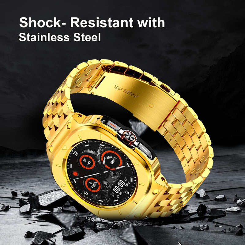 HASLFM Stainless Steel Case and Bands Compatible with Samsung Galaxy Watch 7 8 Ultra 47mm/ Galaxy Watch 5 pro 45mm/ Galaxy Watch 6/5/4 44mm, Rugged Metal Band Rugged Protector Cover for Men Gold-1 47mm(Galaxy Watch 7 8 Ultra)