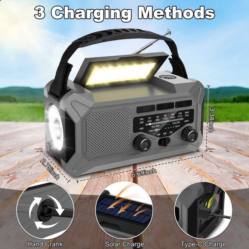 10000mAh Emergency Weather Radio with Solar Charging, Hand Crank Radio Solar Radio Portable Radio AM/FM/NOAA Radio LED Flashlight Reading Lamp Compass Phone Charger Outdoor Camping-Grey Grey