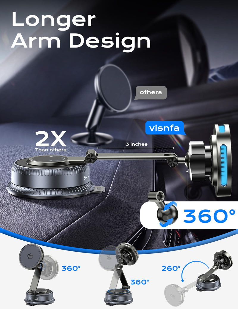 Qi2.2 25W MagSafe Car Mount Charger, Cooling Fan, 75W Fast Adapter | Long Arm Magnetic Wireless Car Charger, 360° Rotating Phone Holder for Car, Car Mount for iPhone 17-12 Series