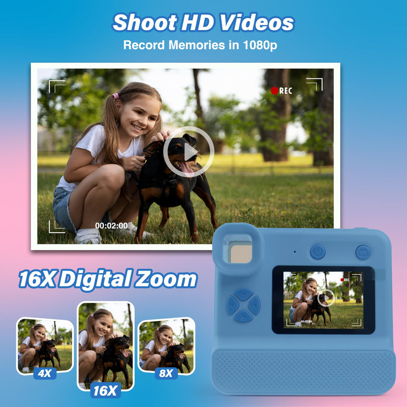 GabbaGoods Instant Print Kids Camera For 3 4 5 6 7 8 9 Year Old Kids With 32GB SD Card, Instant Thermal Print Feature Best For Gift On Christmas/Birthday/Holiday | Toddler Camera | Kids Digital Camera Blue