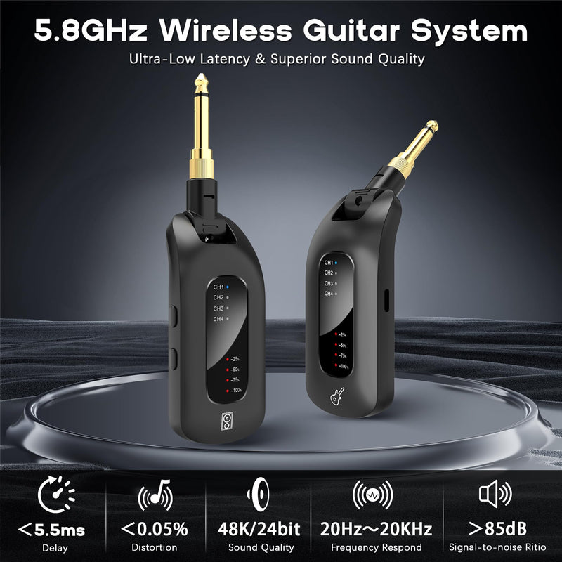 5.8GHz Wireless Guitar Audio System - Rechargeable Transmitter and Receiver with 4 Channels, Low Latency and Over 164ft Long Range Transmission, Compatible Guitar Bass Electric Instruments 5.8GHz