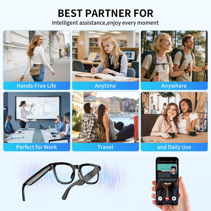 AI Translation Smart Glasses with Built-in AI Assistant & 800W Camera, ENC Noise Cancelling, USB-C Fast Charge for International Travel and Business Meetings Black