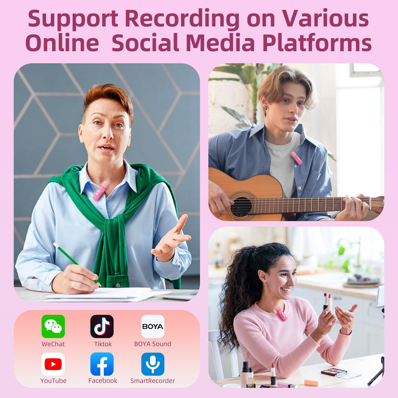 BOYA Wireless Lavalier Microphone for iPhone iPad Phone Omnidirectional External Mini Lapel Lightning Microphone for iPhone Clip-On Mic for Video Recording Podcast YouTube Live Streaming (Pink) Pink