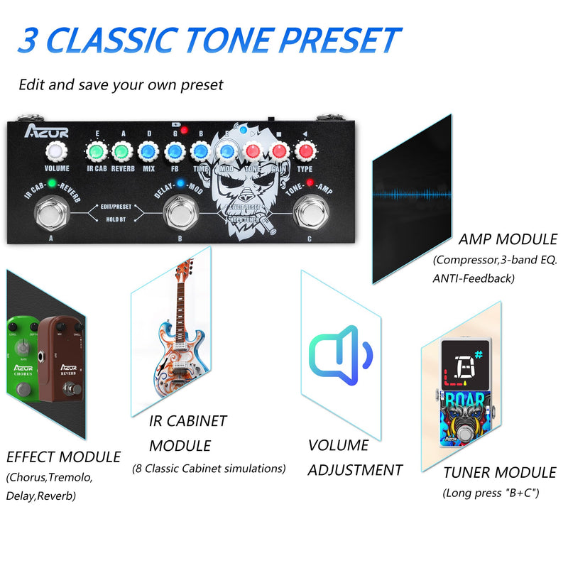 AZOR Multi Effects Guitar Pedal with 3 Preset,8 IR Cab 9 AMP Models, Reverb Delay Overdrive, Distortion and Tuner for Electric Guitar, Rechargable Multi Effect Pedal