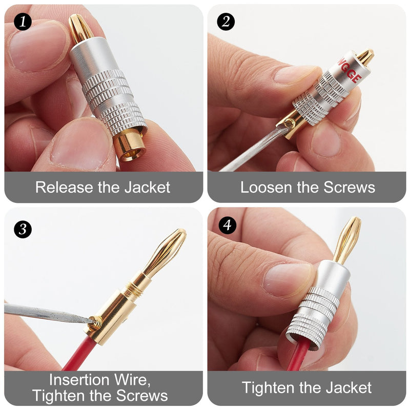 WGGE WG-009 Banana Plugs Audio Jack Connector 6 Pairs / 12 pcs, 24k Gold Dual Screw Lock Speaker Connector for Speaker Wire, Wall Plate, Home Theater, Audio/Video Receiver and Sound Systems 6 Pairs (12 plugs)