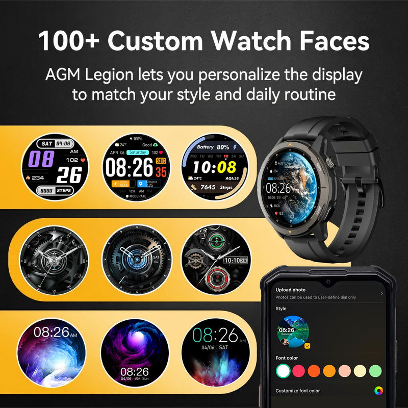 AGM Legion Rugged Smart Watch for Men, Waterproof, Shockproof & Drop-Proof | 5ATM, 100+ Sports Modes, Bluetooth Calling, Compass, Barometer & Altimeter, 1.43" AMOLED Display, Heart Rate & Sleep Tracking