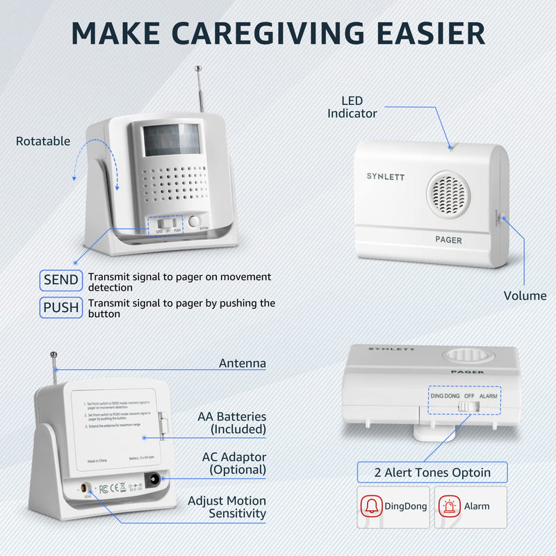 Caregiver Pager Wireless Call Buttons Motion Sensor Alarm Indoor for Elderly Monitoring Fall Prevention Bed Alarm Alert System Portable Nurse Call for Seniors Dementia Patients Emergency 3 Transmitters 1 Receiver