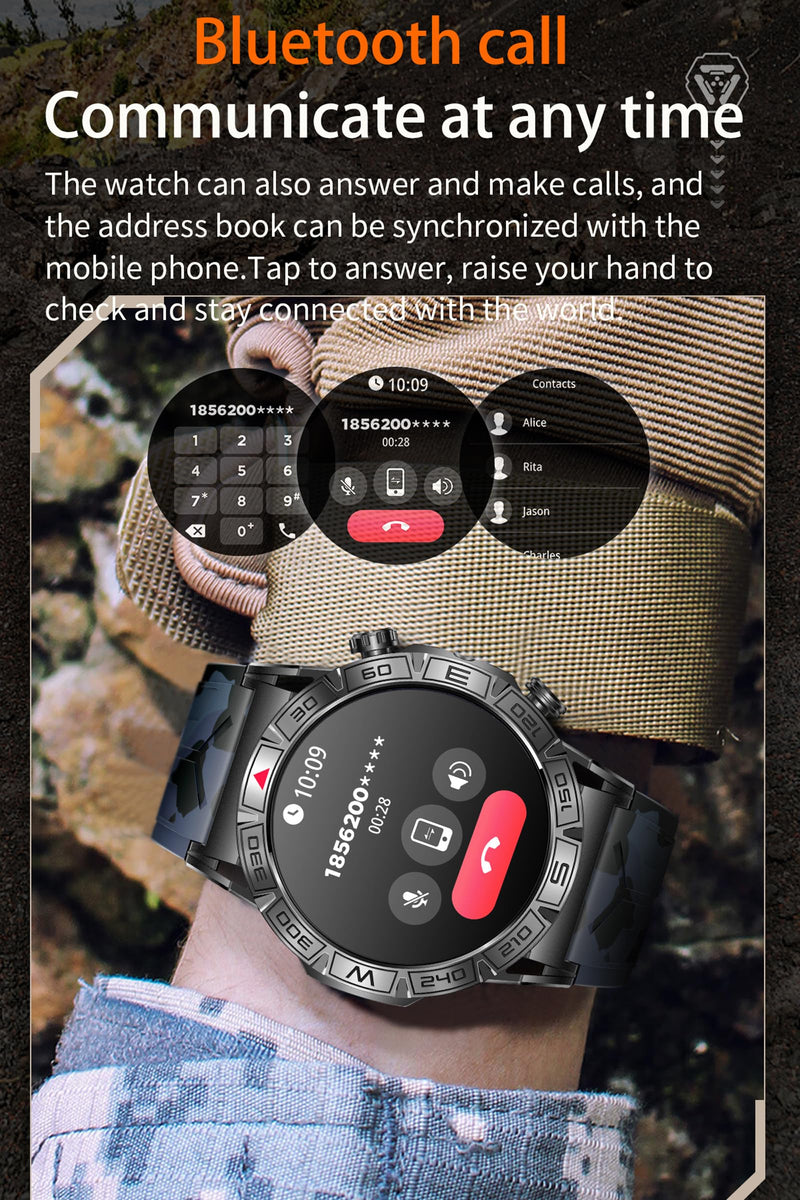 Yihou ABC Military Smart Watch for Men, Rugged Smartwatch Answer/Make Call, 1.43" AMOLED Display Fitness Tracker with Compass Altitude Flashlight Cam Black