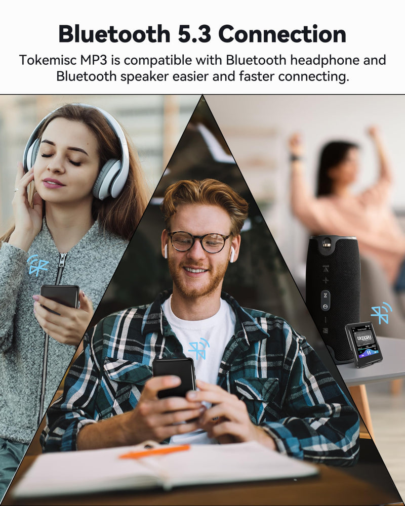 MP3 Player with Bluetooth 5.3,Tokemisc 16GB Full Touchscreen Kids Portable Music Device with Speaker,FM Radio,E-Book,Built-in Micro SD Card Slot,Earphones Included,Max 512GB Expand
