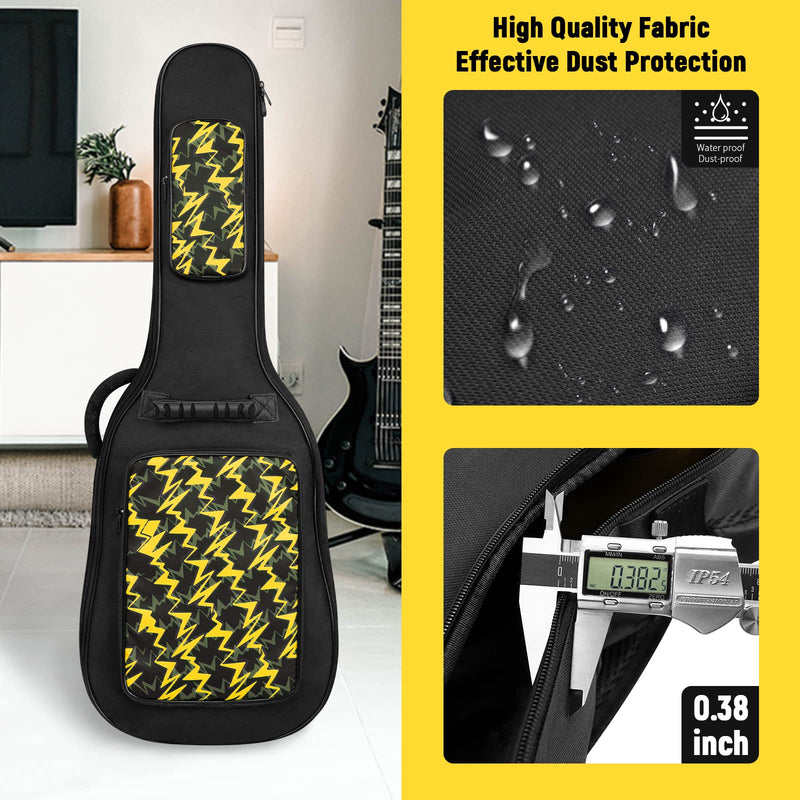 LETSROCK 38 40 41 Inch Electric Guitar Bag Case 0.38 inch Waterproof Thick Padding with Neck Strap Adjustable Shoulder Strap Waterproof Yellow Lightning Shape&Black Electric Guitar Gig Bag Yellow&Black