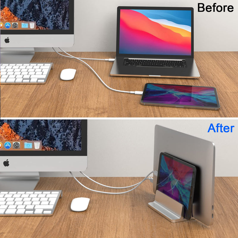 New Vertical Laptop Stand, Adjustable 2 Slot Aluminum Desktop Holde(Up to 17.3 inch), Fits All MacBook/Microsoft Surface/HP/Dell/ChromeBook/iPad and Gaming Laptops (Silver) Silver