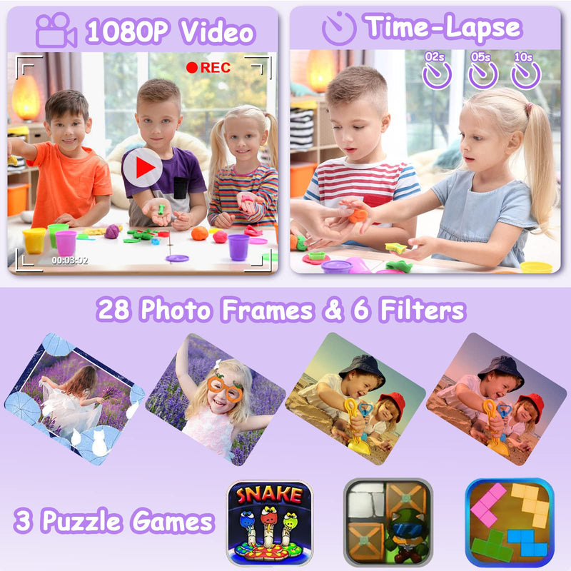 Kids Waterproof Camera, Christmas Birthday Gifts for Boys Girls Toys 3-12 Year Old, Underwater Mini Children HD Digital Action Camcorder, 2 Inch IPS Screen with 32GB Card (Lavender) Lavender