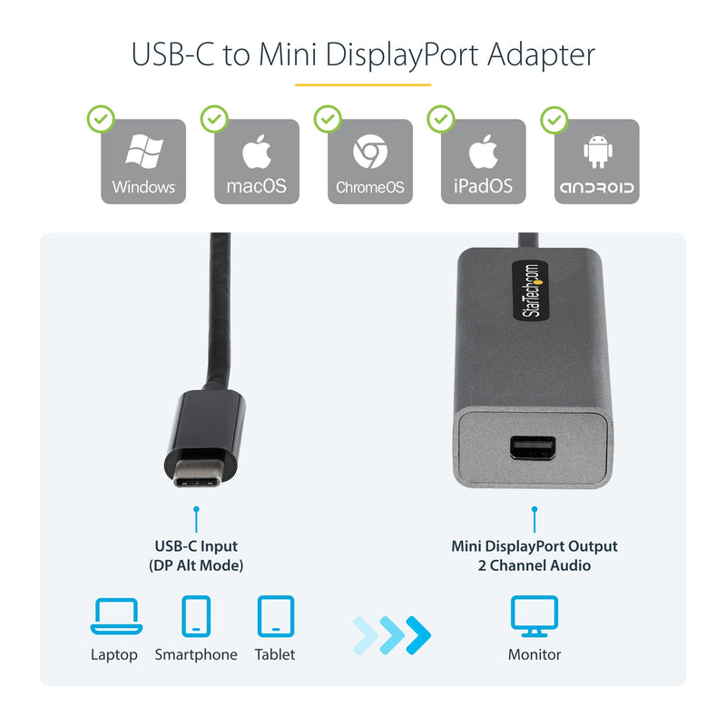 [AUSTRALIA] - StarTech.com USB C to Mini DisplayPort Adapter, 4K 60Hz USB Type C to mDP/Mini DP Monitor Video Converter Dongle, Thunderbolt 3 Compatible, 12" Attached Cable, Upgraded Version of CDP2MDP (CDP2MDPEC) Space Gray 12" / 30 cm 