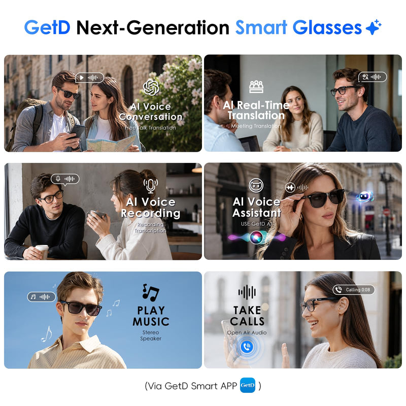 GetD AI Glasses, Smart Glasses Powered by ChatGPT, Real-Time AI Translation | Photochromic lens, AI translation in 145 languages, Hands‑free calls, Immersive audio, Holds AI conversations Black + Grey Photochromic Lens Large