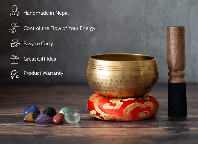 Tibetan Singing Bowl Set - Easy To Play for Beginners - Authentic Handcrafted Mindfulness Meditation Holistic Sound Bowl 7 Chakra Healing Gift by Himalayan Bazaar (4 Inch with Chakra Stones) Bowl with Stones - 4 Inch