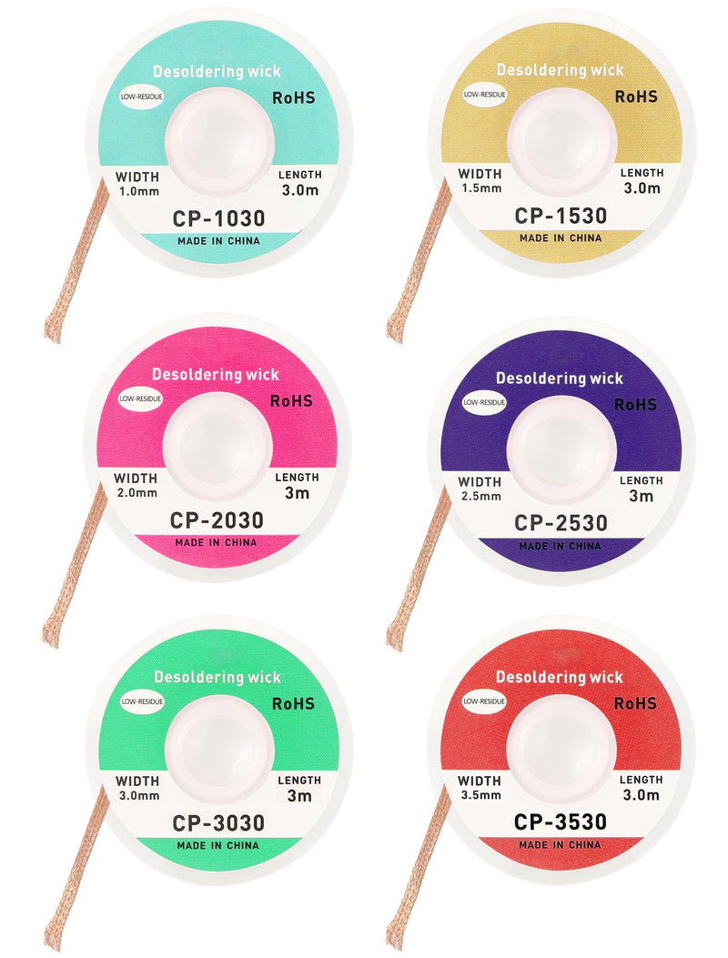 Set of 6 Desoldering Braids - 3 m Copper Desoldering Wire (1.0/1.5/2.0/2.5/3.0/3.5 mm) | Ideal for Desoldering and Removing Solder at Soldering Points | High Thermal Conductivity Solder Braid