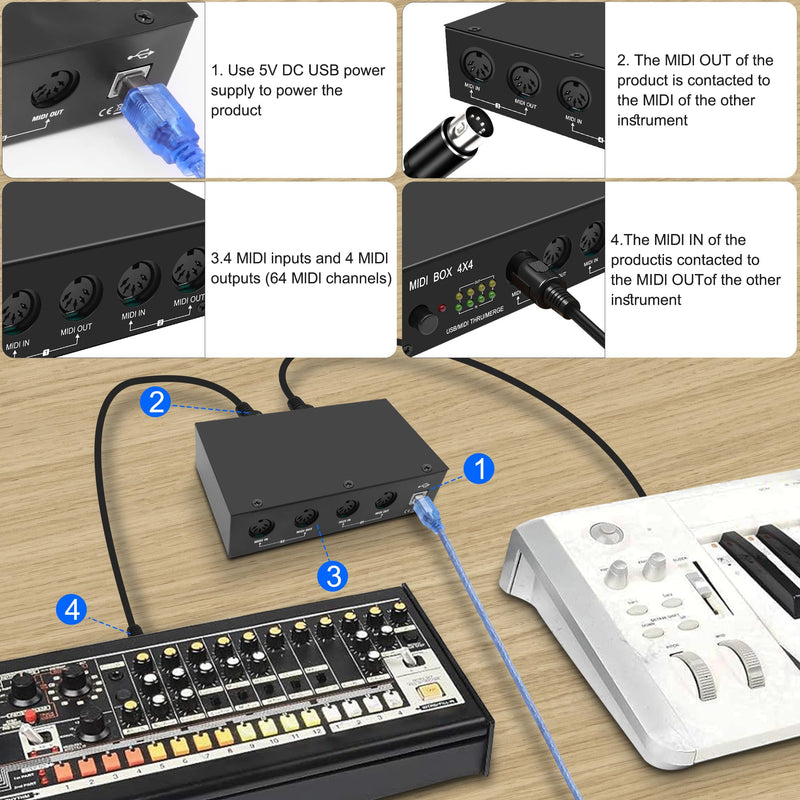 XMSJSIY USB MIDI Interface Box 4 In 4 Out 64 Channel MIDI Thru Box 4 * 4 Converter with Router Merge Splitter Thru Hub with LED Indicators for PC Mac and USB MIDI instruments - 1PCS