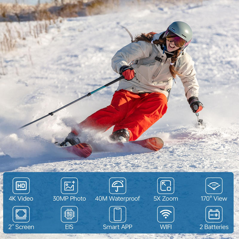 4K Action Camera with 64GB Card 30MP EIS WiFi 131FT Waterproof | 170° wide-angle, 5X zoom, remote control. For biking, snorkeling, helmet. Up to 256GB.2 rechargeable batteries.