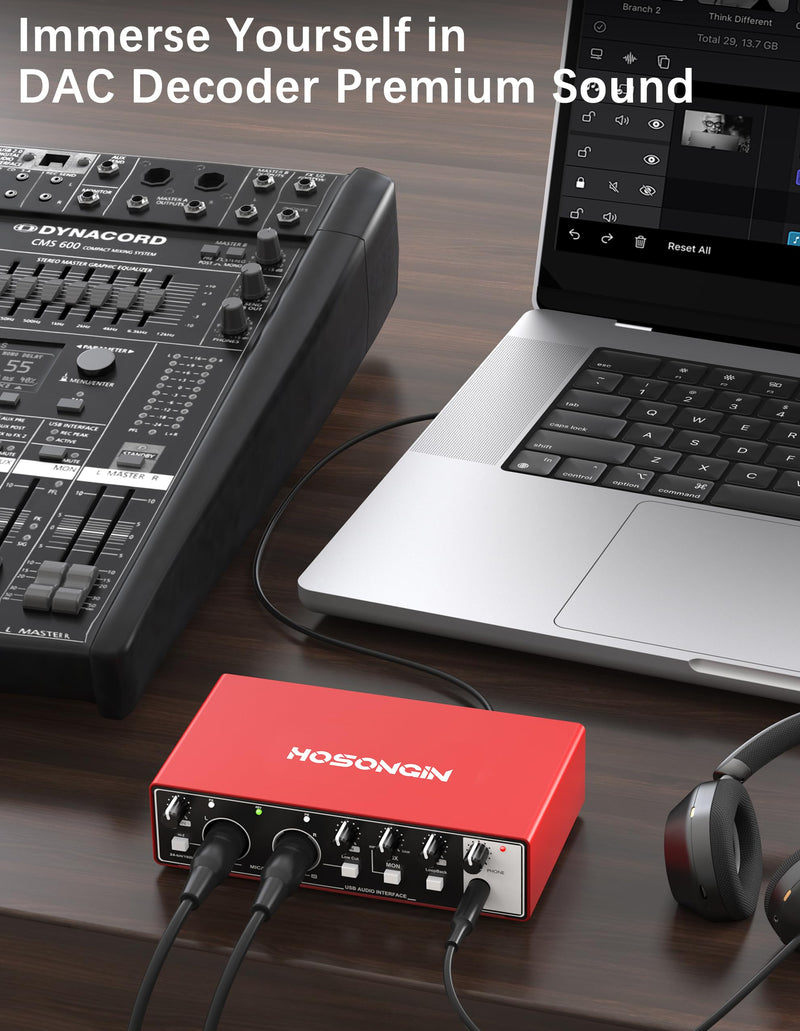 [AUSTRALIA] - HOSONGIN 2i2 USB Audio Interface for Beginners - 24Bit/192kHz, 48V Phantom Power, Plug & Play Recording for Podcast/Vocals/Guitar/Youtube, PC/Mac/iOS Compatible (Red Metal) H-A002 