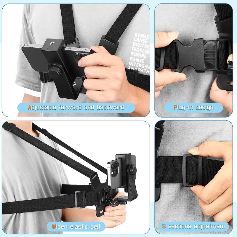 Mobile Phone Chest Mount Harness Strap Cell Phone Holder Mount for Video Recording Bike/Kayak/Fishing/Skateboard POV/VLOG for iPhone/Samsung for GoPro Hero 11 10 9 8/Insta360/DJI Action Camera, Black