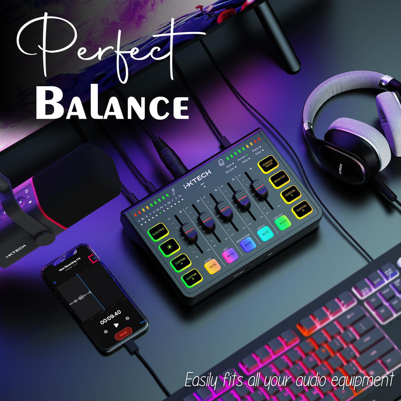 IXTECH Gaming Audio Mixer 4 Channel Soundboard, Streaming RGB PC Audio Interface with XLR Microphone Support, Audio Equalizer for Gaming Podcast Streaming Karaoke, Individual Volume Controls (Black) IX-MI-MIX01 Black