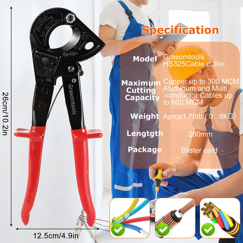 Ratchet Cable Cutter,Ratcheting Cutter and Wire Cable Cutter Cut up to 240mm², HS325A Heavy Duty Aluminum and Copper Ratchet Cable Cutter (HS325) HS325