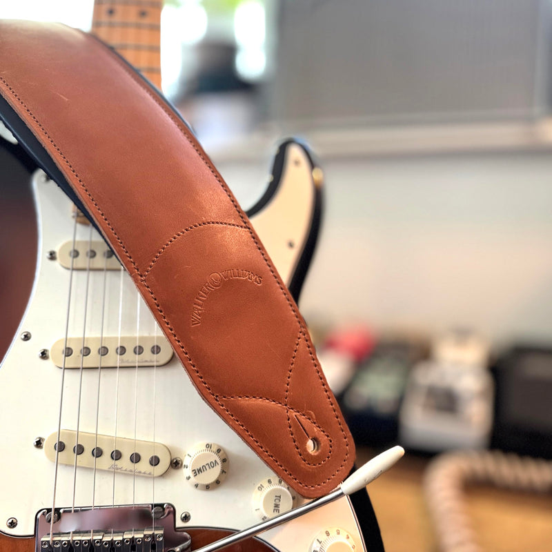 Walker & Williams B4B-LBRN Rustic Whiskey Tan Finish 4" Wide Double Padded Premium Brown Heirloom Grain Leather Guitar And Bass Strap For Acoustic, Electric, And Bass Guitars