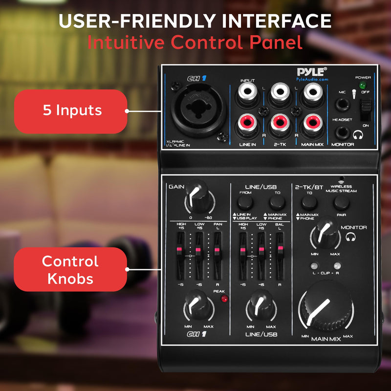 Pyle 3-Channel Bluetooth Audio Mixer – DJ Sound Controller & USB Soundcard Interface for PC Recording, XLR & 3.5mm Mic Input, RCA In/Out, 18V Power – Professional & Beginner DJ Mixer