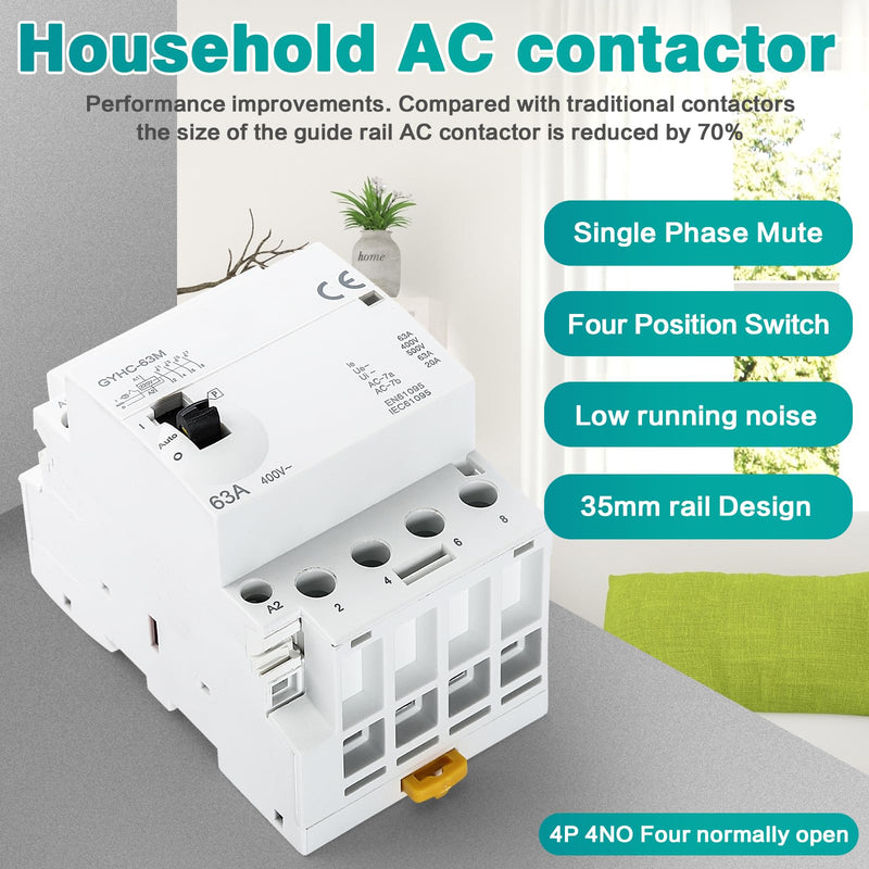 Ailao Contactor 400 V 3 Phase 4 Wire AC Contactor AC Household Contactor 4P 63A 4NO Ultra Quiet and Highly Efficient Flame Retardant DIN Rail Manual Automatic Model