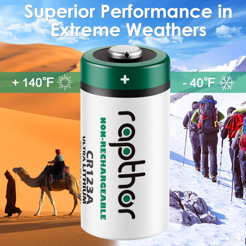 rapthor CR123A 3V Lithium Battery 1650mAh 20 Pack High Power CR123 123A 123 CR17345 Photo Batteries PTC Protected for Cameras Flashlight Alarm Smart Sensors (Non-Rechargeable, Not for Arlo)
