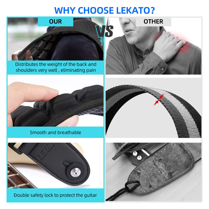 LEKATO Guitar Strap for Electric Guitar Bass with 3.5″ Wide Air Cell Cushions Bass Strap Padded Guitar Straps with Strap Locks, Picks, Adjustable Length from 47″ to 60″