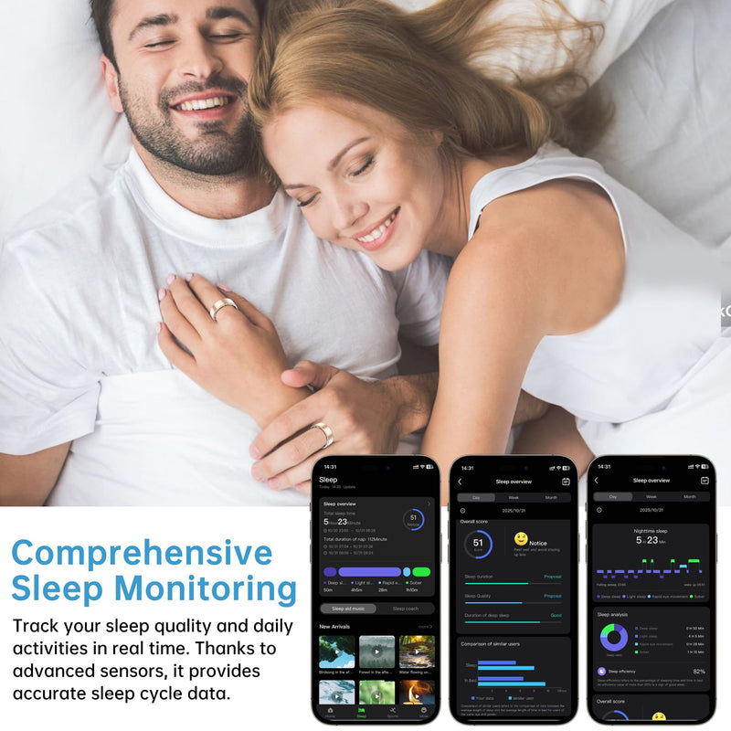 Smart Ring for Women & Men, (No Charging case), Fitness Ring with Heart Rate, Blood Oxygen, HRV, Sleep & Step Tracking, No Subscription (Gold, #8)