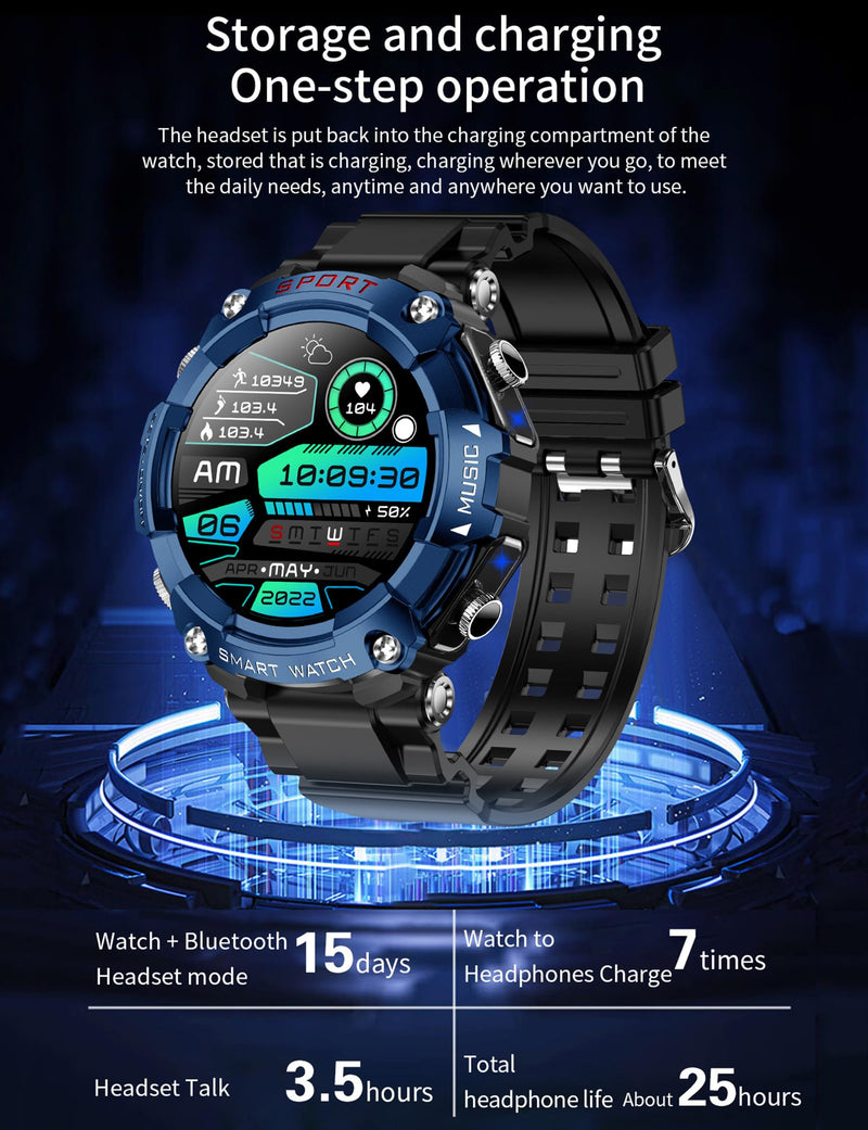 Smart Watch with Earbuds for Men, Smart Watches for Android Phones, Bluetooth Calling can Answer and Make Calls, Military Resistant Fitness, Sports Fitness Tracker with Step,Heart Rate black