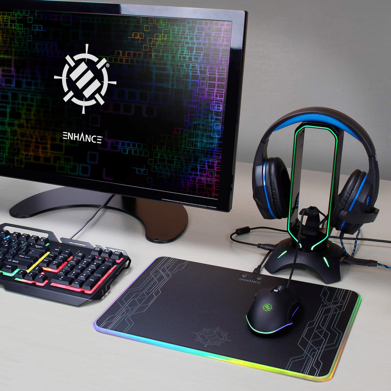 ENHANCE Gaming Headset Stand - LED Headphone Stand with Mouse Bungee and 2 Port USB Hub - 7 RGB Colors + Color Changing Mode, Headset Holder, Mouse Bungee 3-in-1 Gaming Desktop Accessory