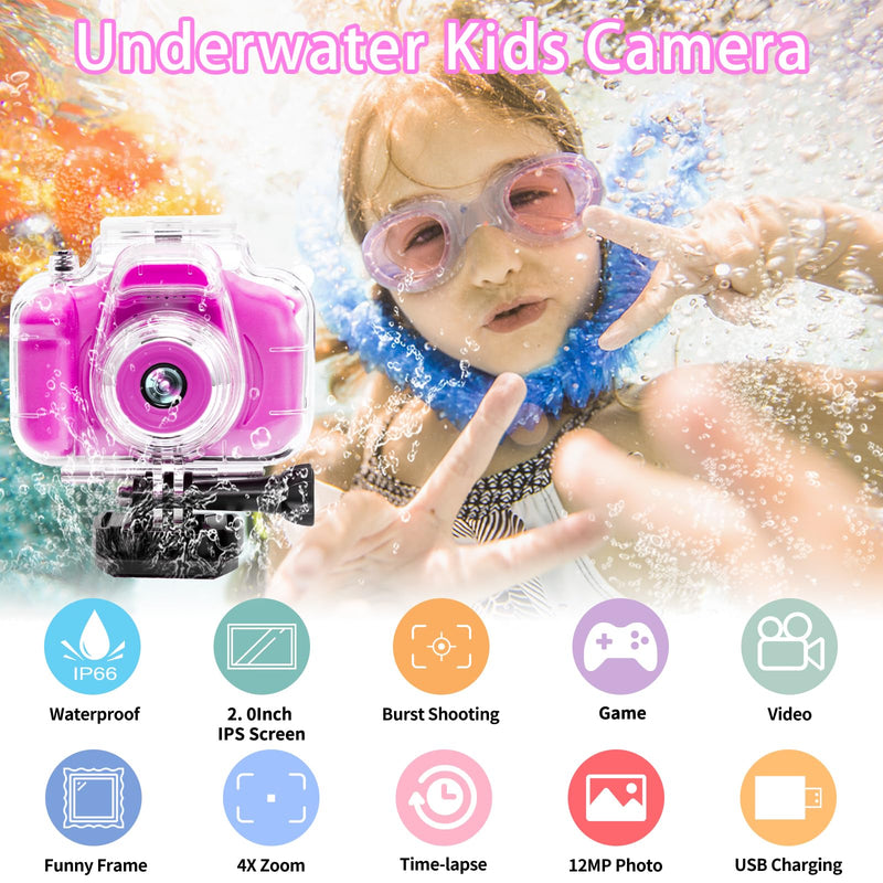 Kids Camera Underwater Waterproof Digital Camera for Kids 2 Inch IPS Screen 1080P HD Kids Video Action Camera for 3 4 5 6 7 8 9 10 Year Old Girls Boys Thanksgiving Christmas Birthday Gift Rose Red