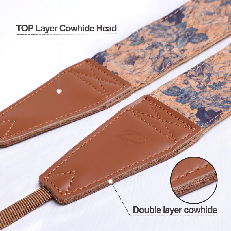 Padwa Lifestyle Cork Camera Strap - 2" Top Layer Cowhide Head Camera Straps for Photographers,Natural Log Crackle Art Print Style,Soft Chamois Velvet Padded Strap Quick Release fits All Cameras Blue Print Cork 2 inch Wide / Adjustable 41~56 inch
